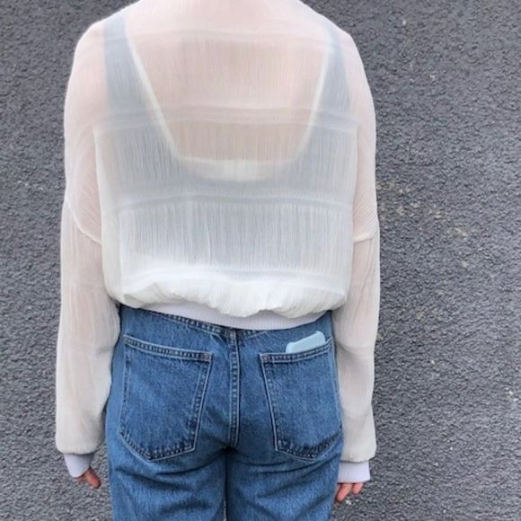 🤍 SUPERFINE Sheer White Ruffled Bomber Jacket - Picture 10 of 14